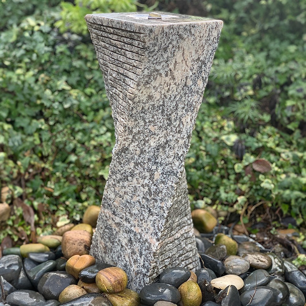 Large Grey Granite Drilled Twisted Column Water Feature