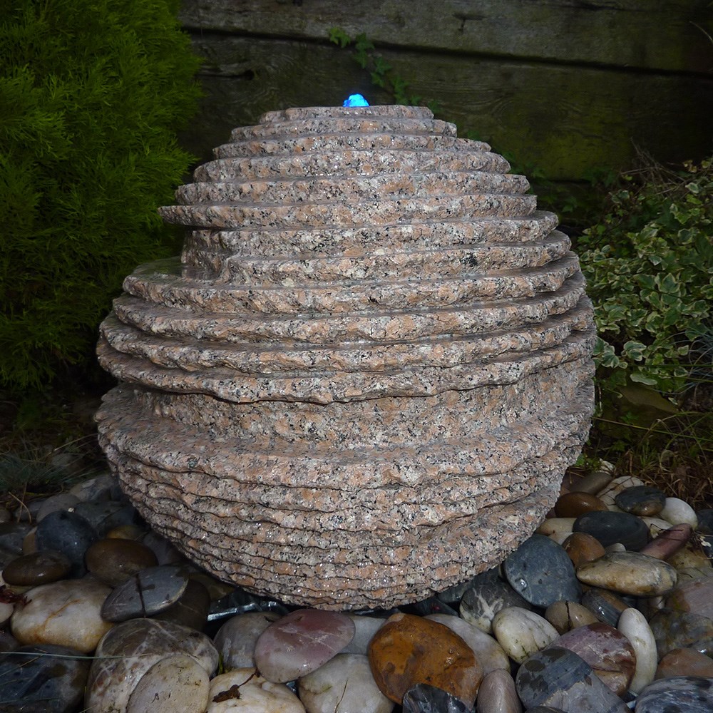 Pinky Granite Rustic Sphere Water Feature With LED Lights