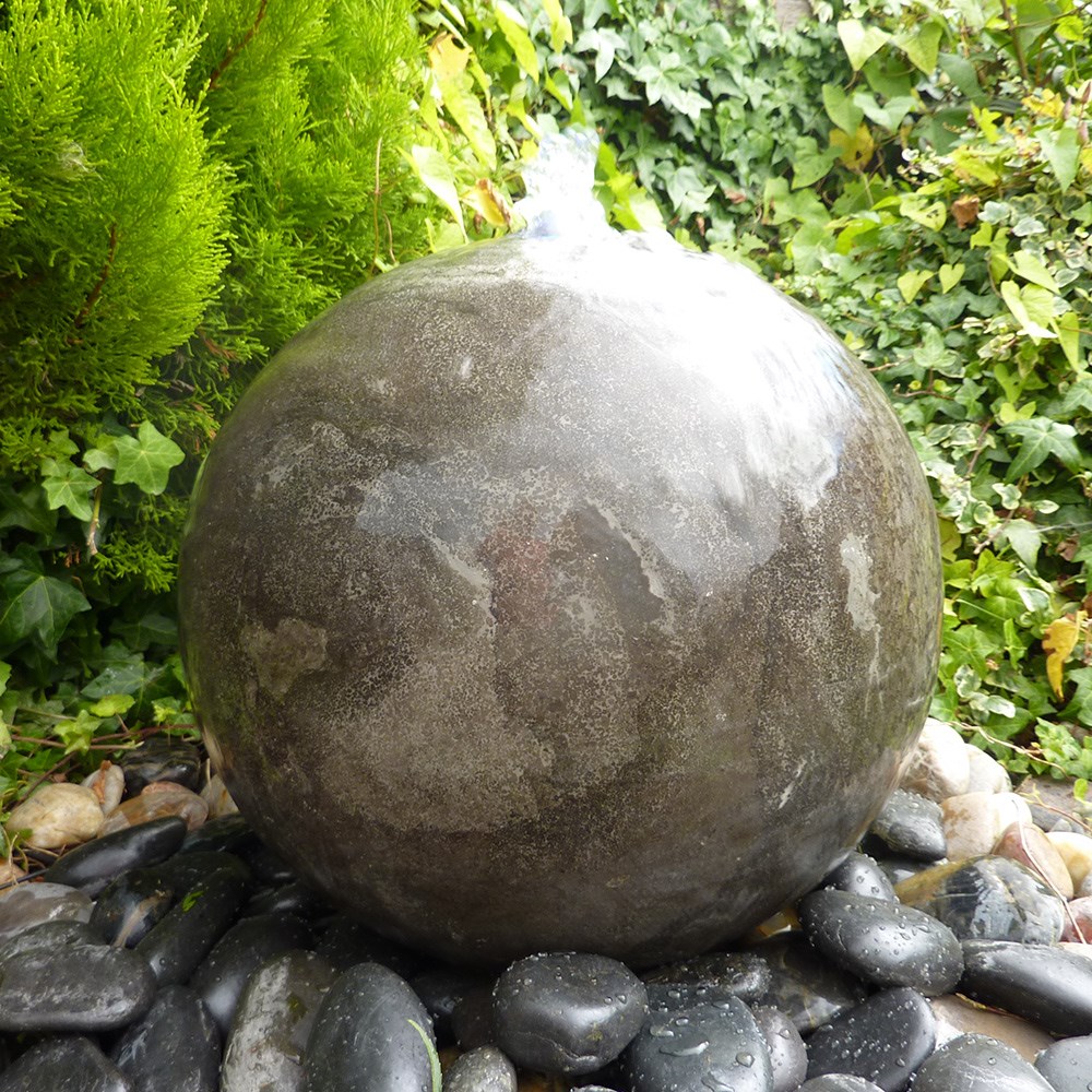 Polished Black Drilled Limestone Sphere Water Feature