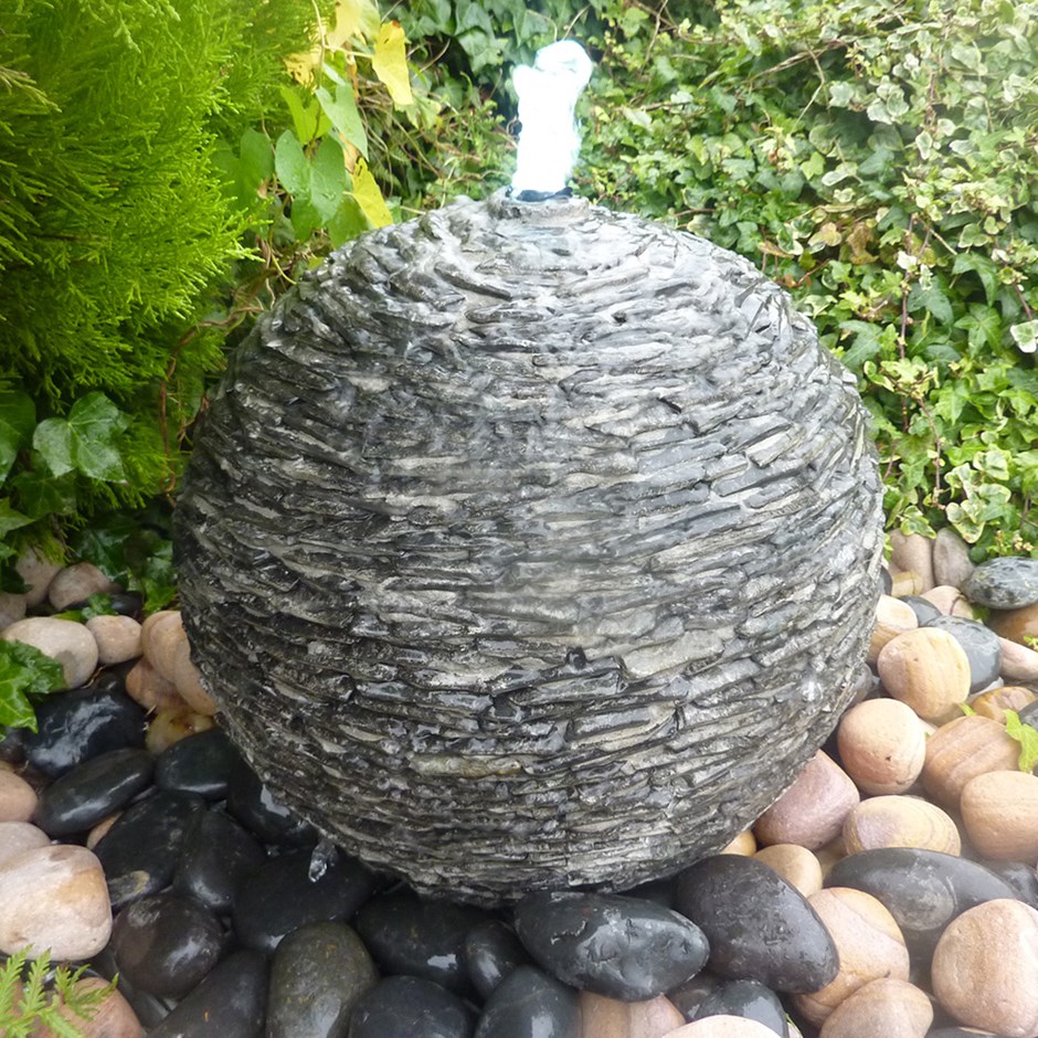 Textured Granite Slate Sphere Water Feature With LED Lights