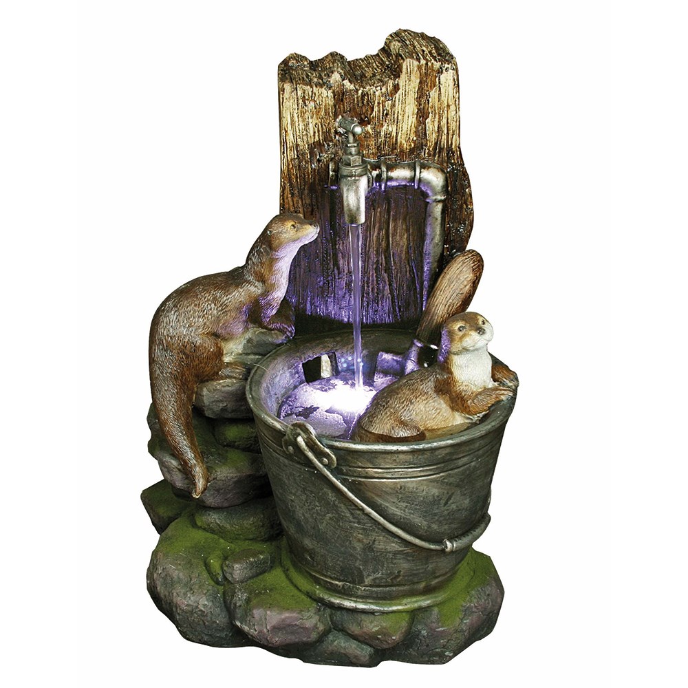 Playful Otters Tap & Bucket Water Feature With LED Lights