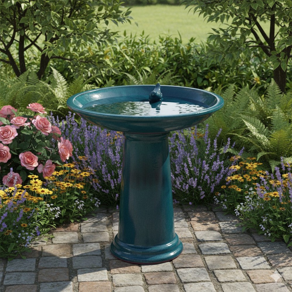 Petrol Blue Glazed Ceramic Pedestal Bird Bath