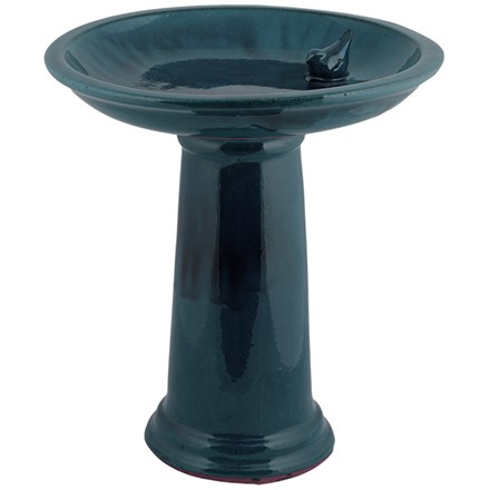 H47cm Glazed Ceramic Bird Bath On Pedestal - Petrol Blue