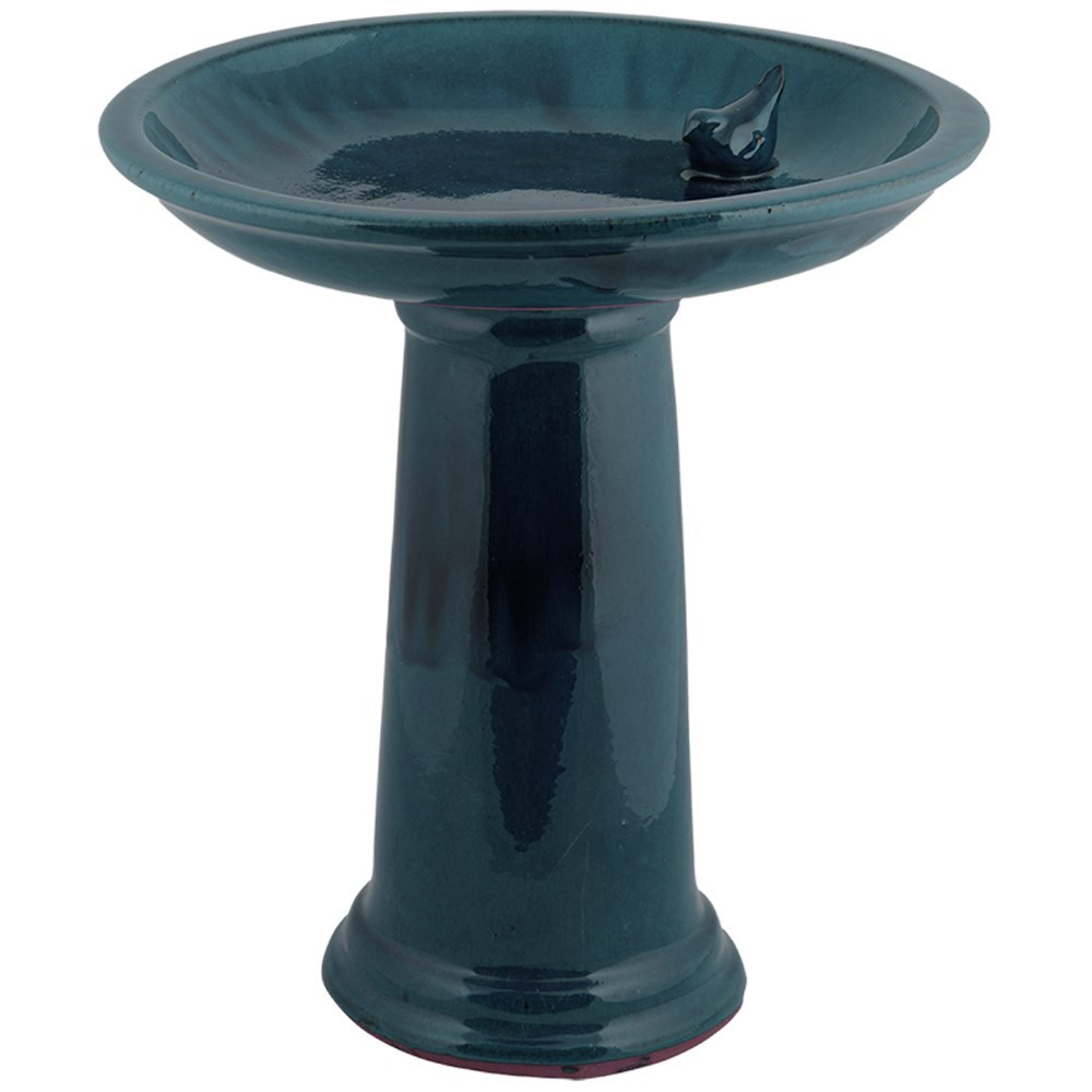 Petrol Blue Glazed Ceramic Pedestal Bird Bath