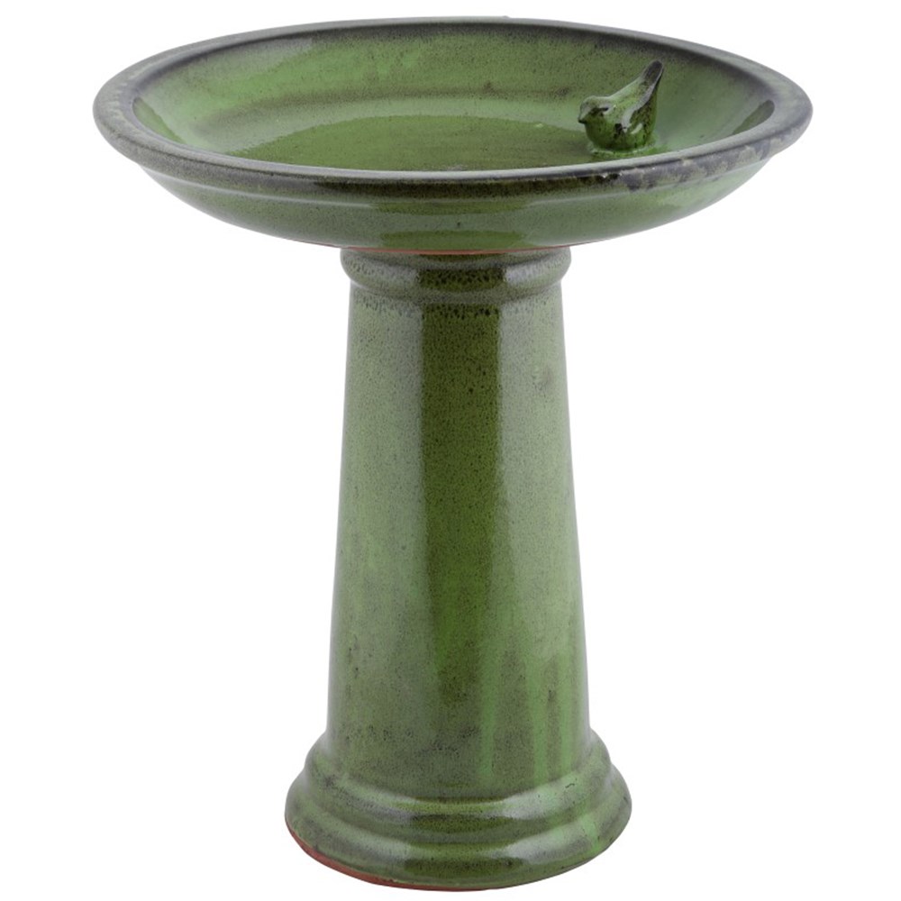 Green Glazed Ceramic Pedestal Bird Bath With Bird