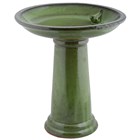 Green Glazed Ceramic Pedestal Bird Bath With Bird