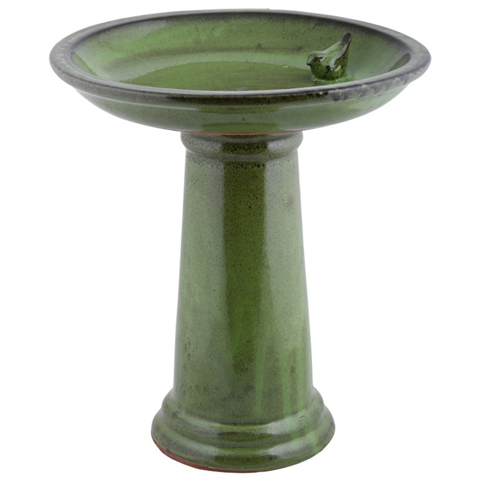 Green Glazed Ceramic Pedestal Bird Bath With Bird