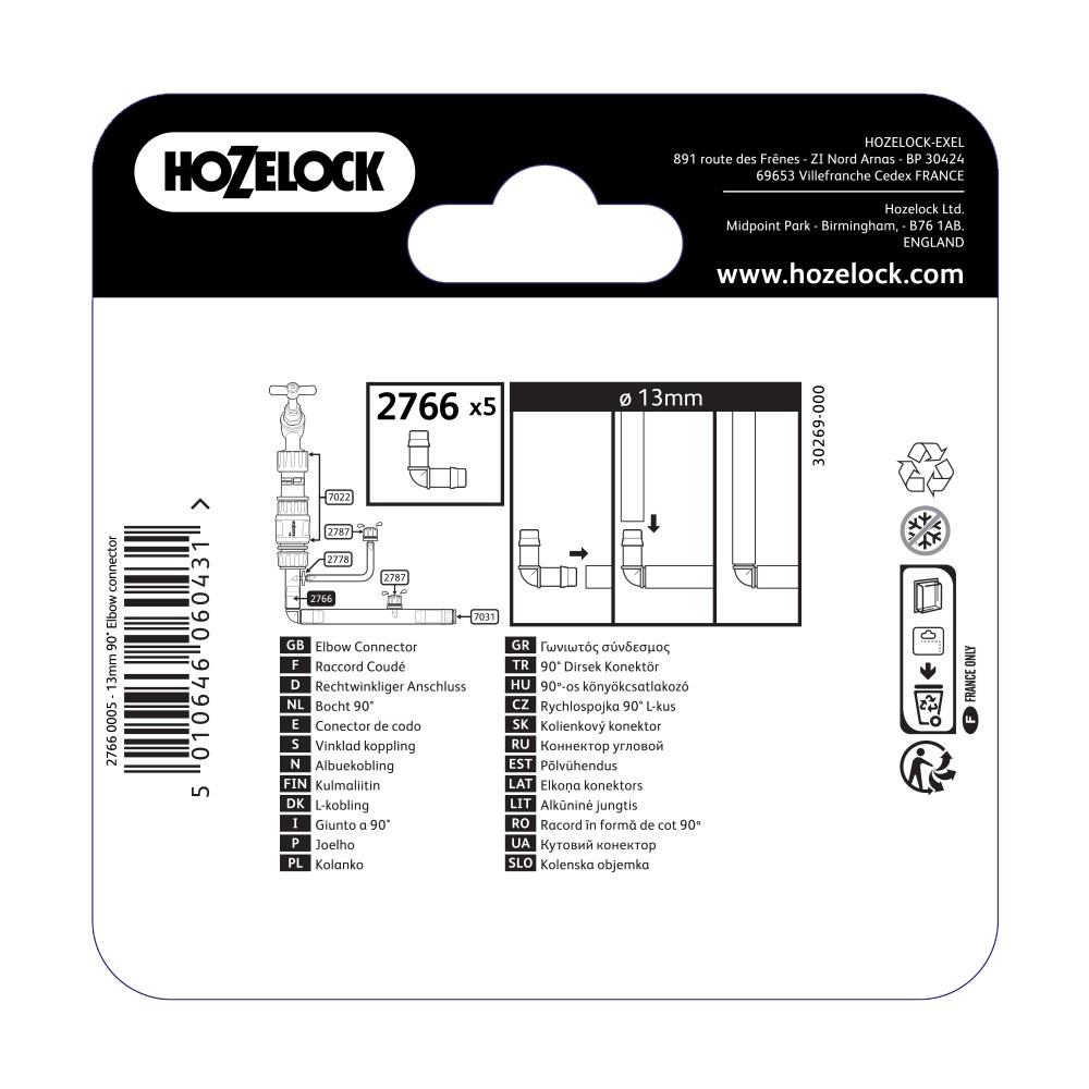 Hozelock Irrigation 90° Elbow Connector 13mm 5 Pack