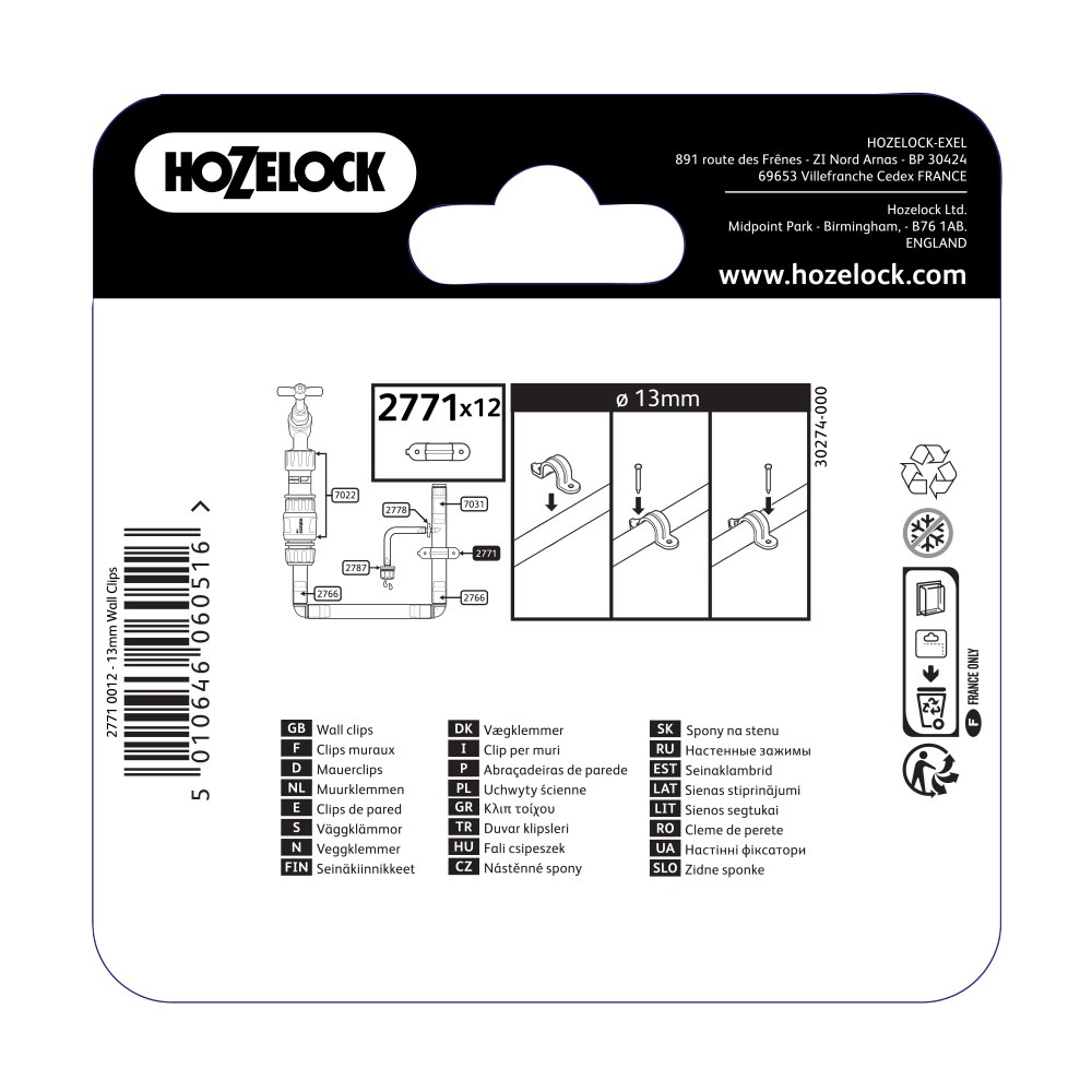 Hozelock Irrigation Tube Wall Clip 13mm 12 Pack