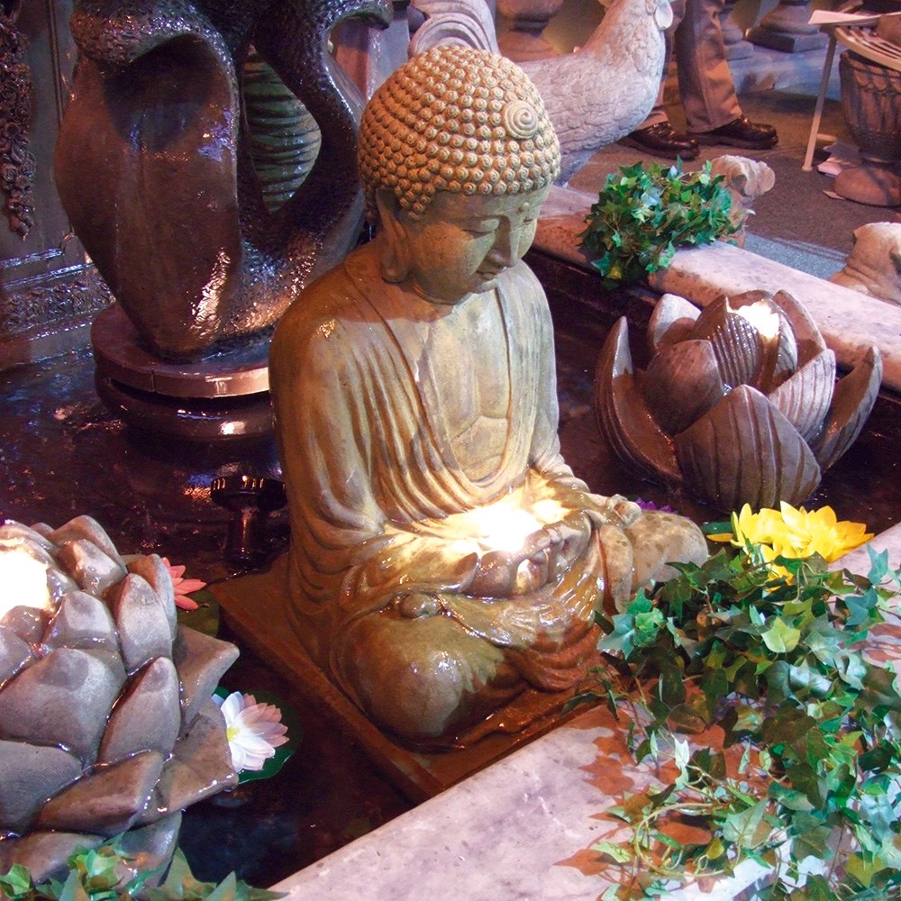Meditating Buddha Stone Water Fountain With LED Lights
