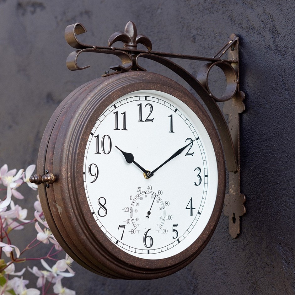 Station Garden Clock With Thermometer - Antique Bronze