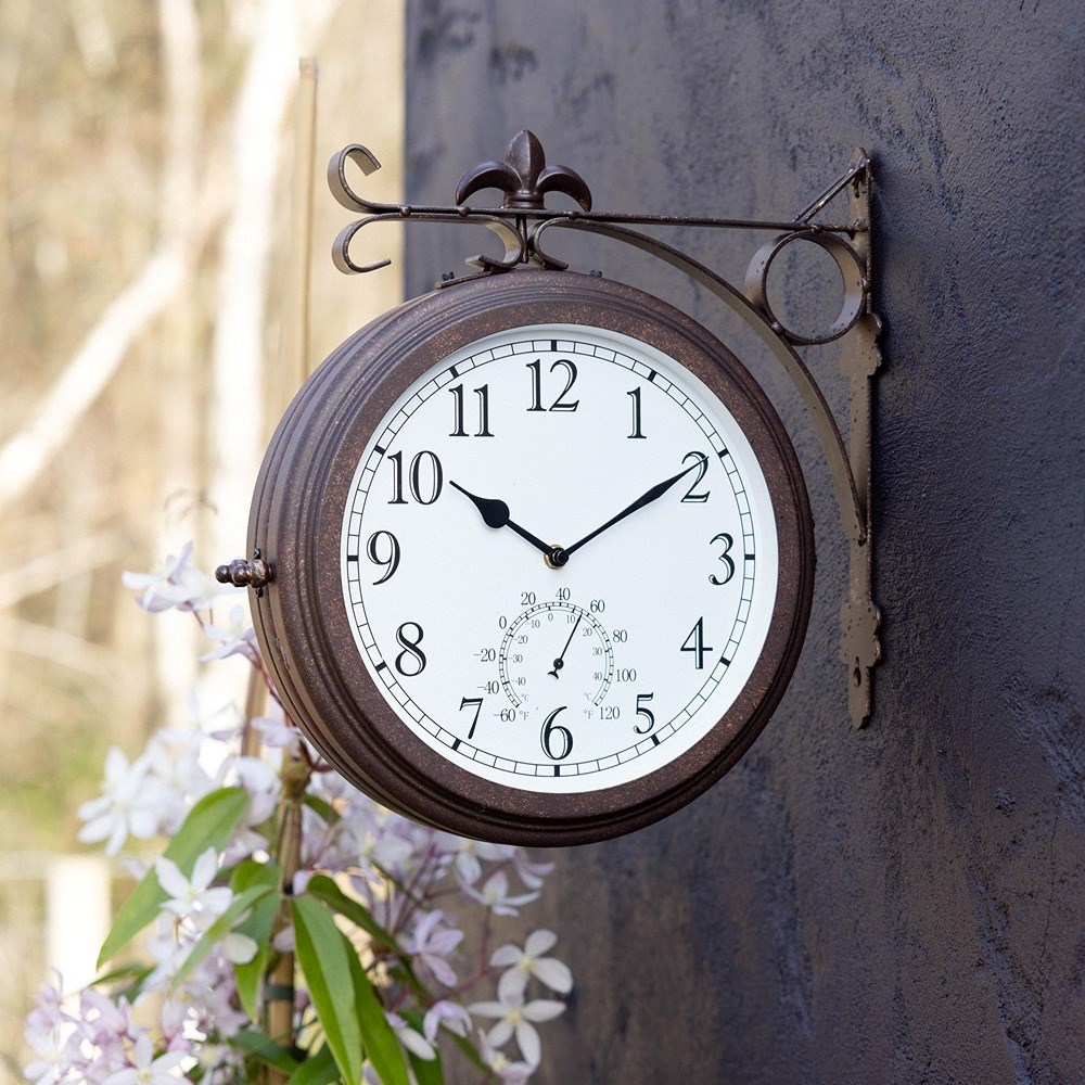 Station Garden Clock With Thermometer - Antique Bronze