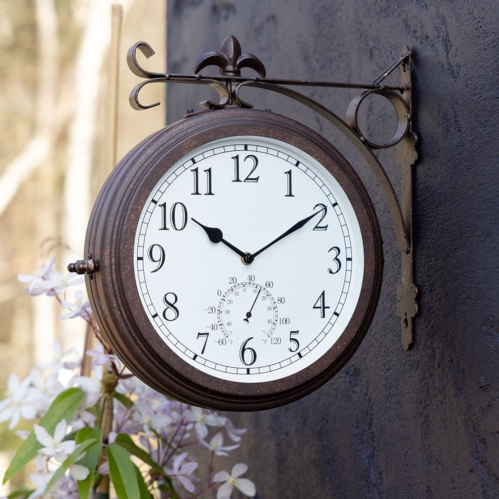 Station Garden Clock With Thermometer - Antique Bronze