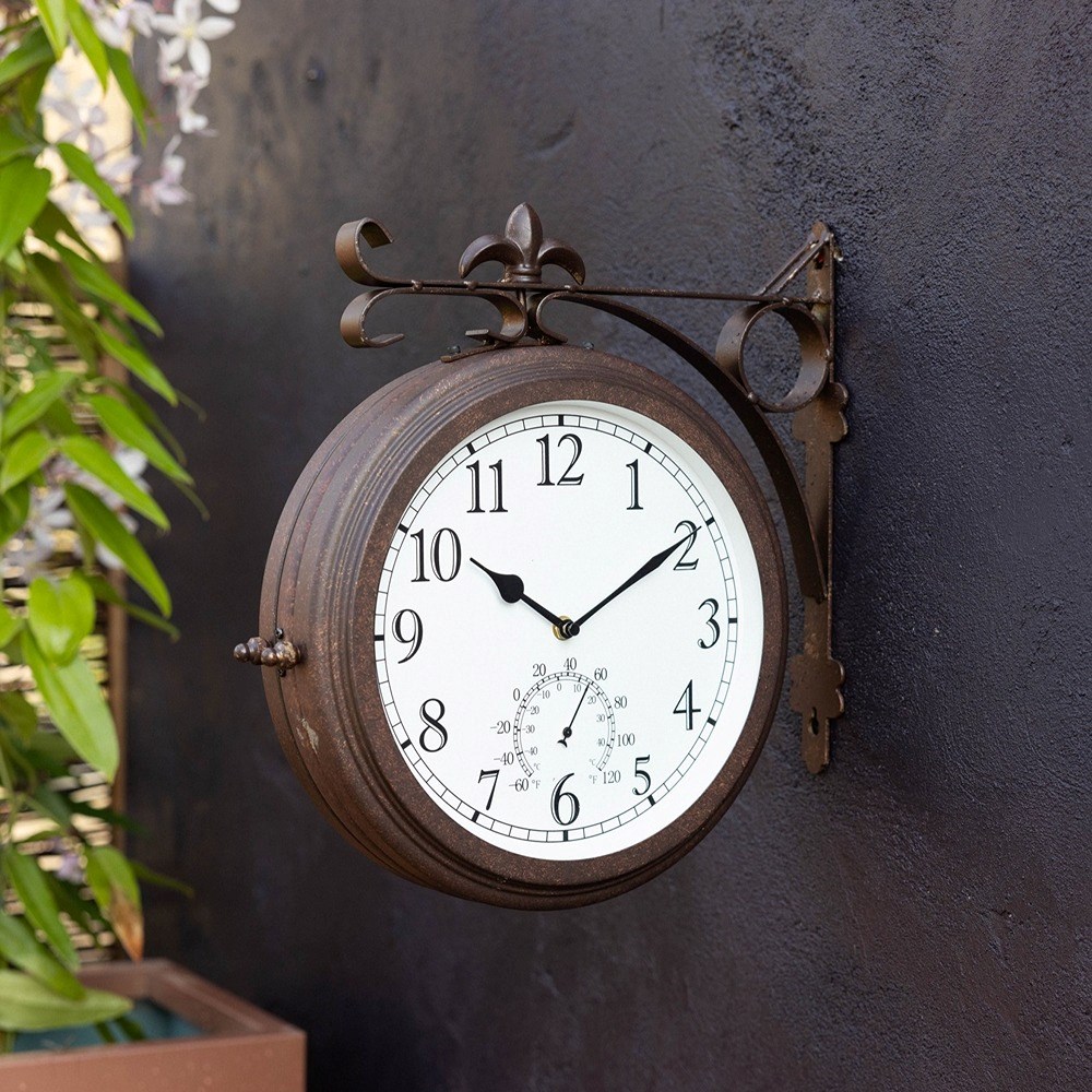 Station Garden Clock With Thermometer - Antique Bronze