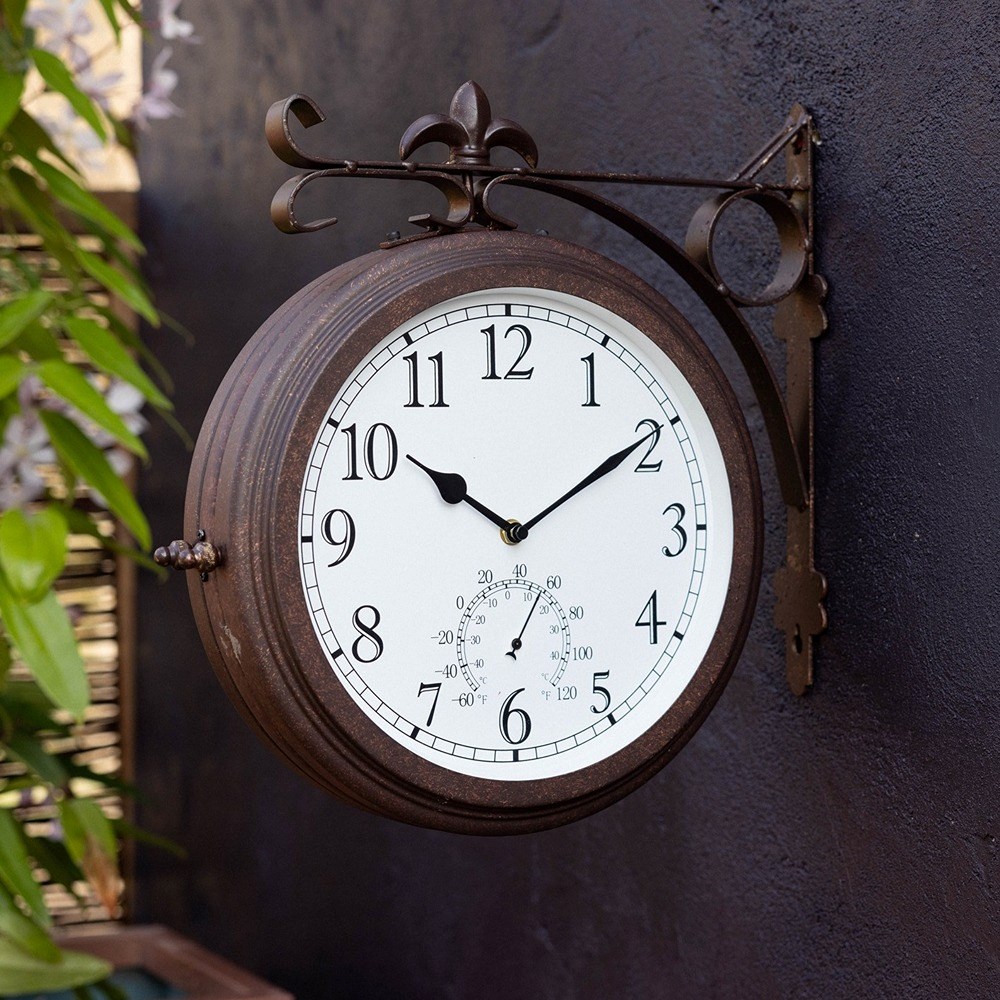 Station Garden Clock With Thermometer - Antique Bronze