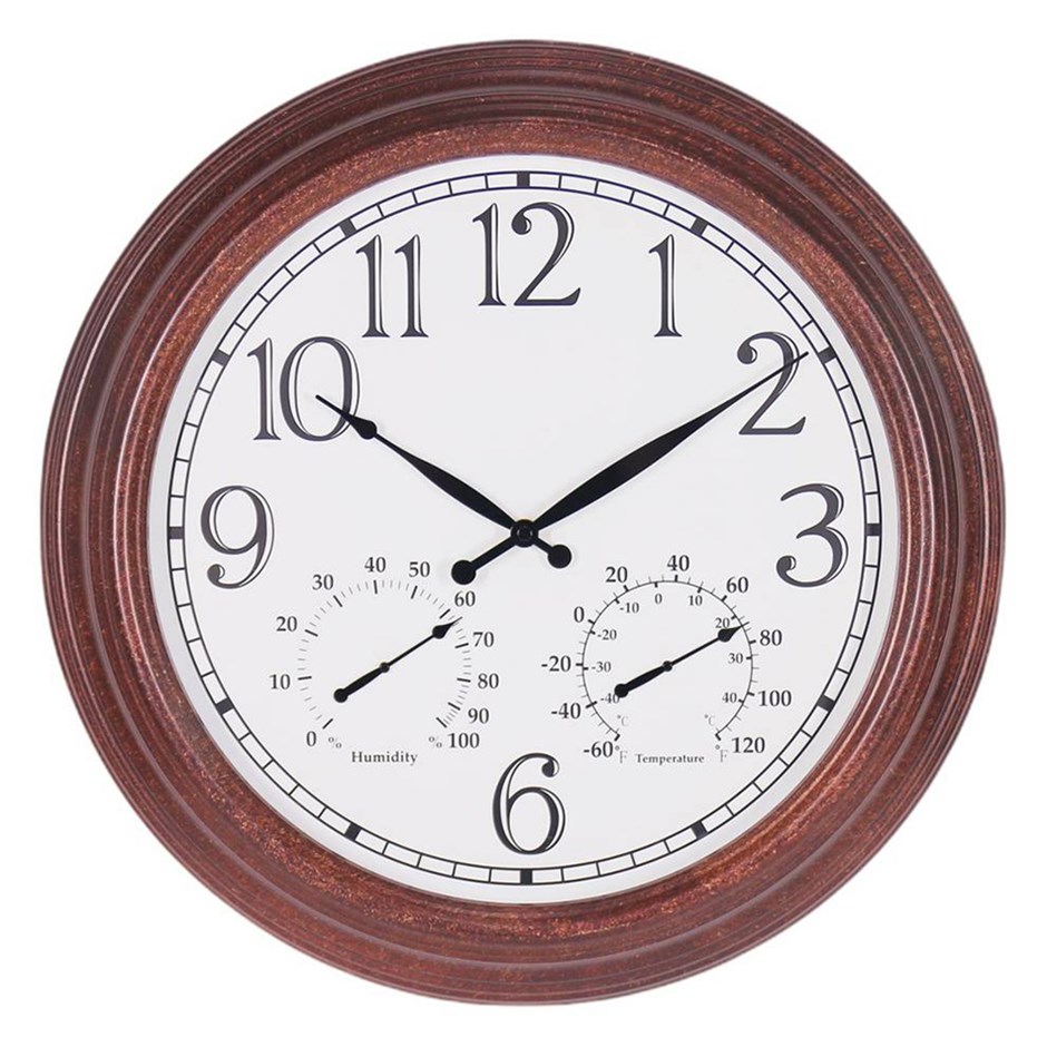 Wall Garden Clock With Thermometer & Hygrometer - Antique Brown