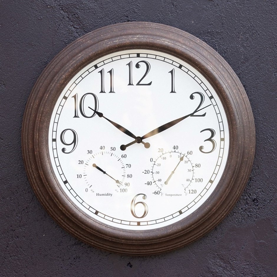 Wall Garden Clock With Thermometer & Hygrometer - Antique Brown