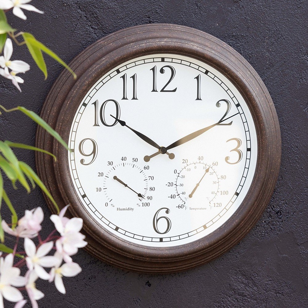 Wall Garden Clock With Thermometer & Hygrometer - Antique Brown