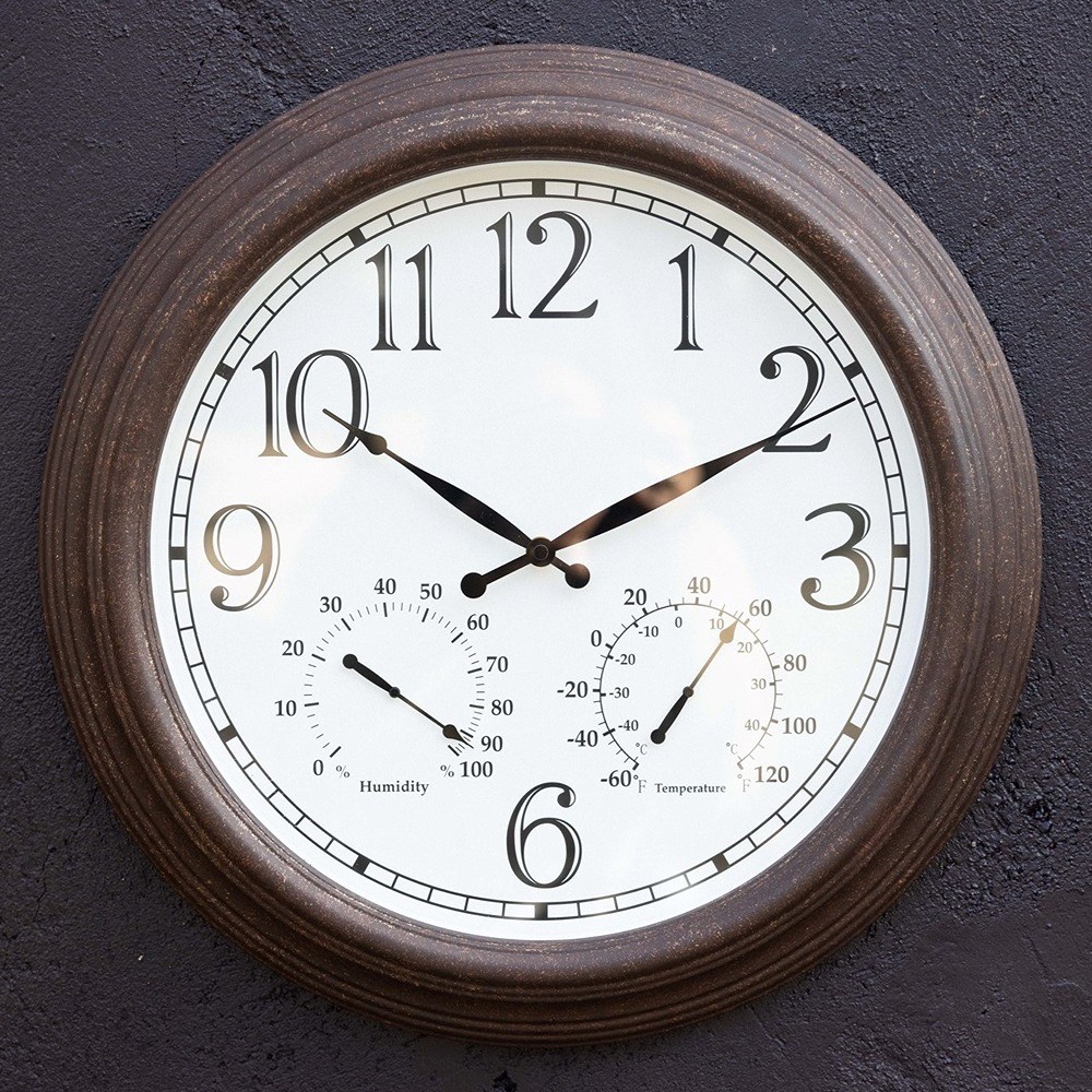 Wall Garden Clock With Thermometer & Hygrometer - Antique Brown