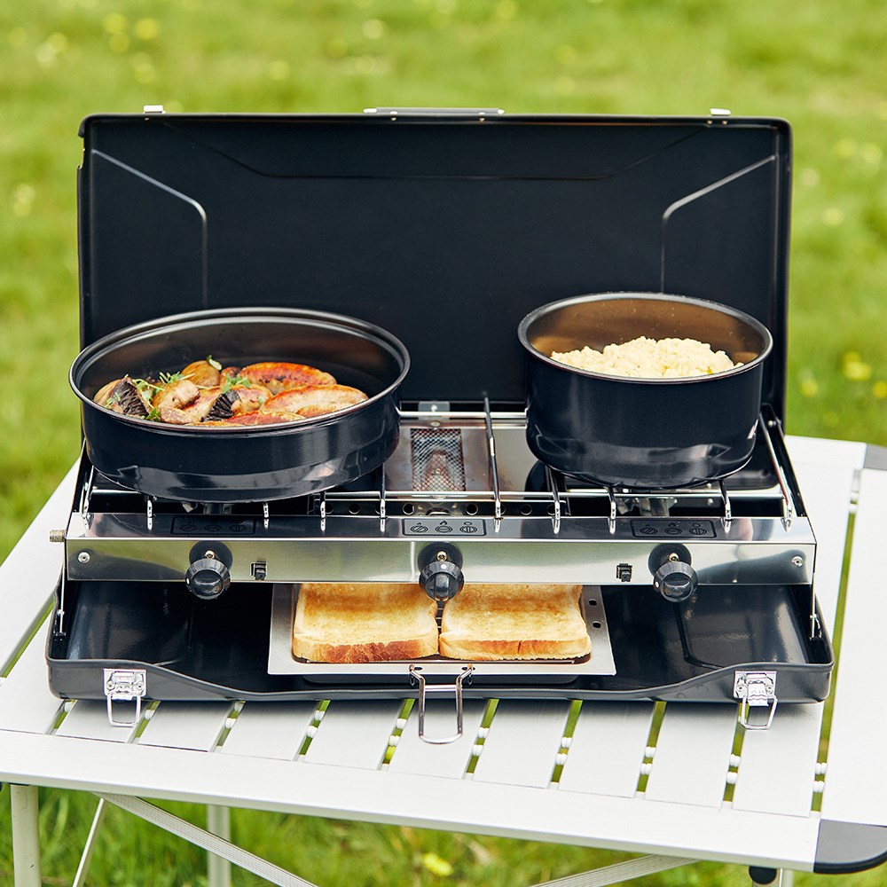 Outback Portable Two Burner Camping Stove with Toaster