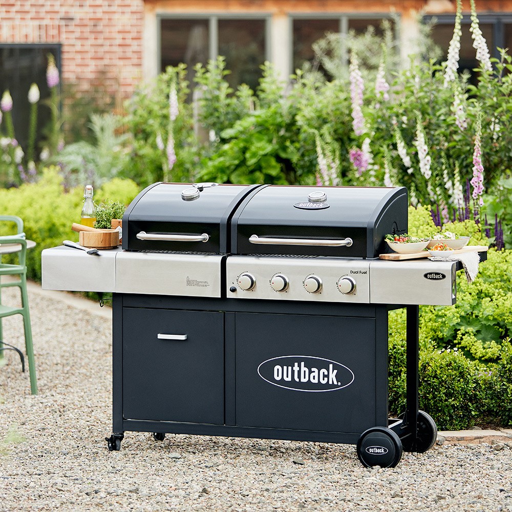 Buy Outback Dual Fuel Barbecue Gas Charcoal Combi 4 Burner Black Delivery by Primrose