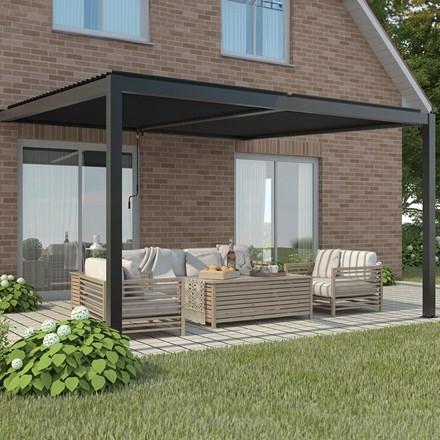 3M X 3M Deluxe Wall Mounted Veranda With Slats 2 Posts Charcoal