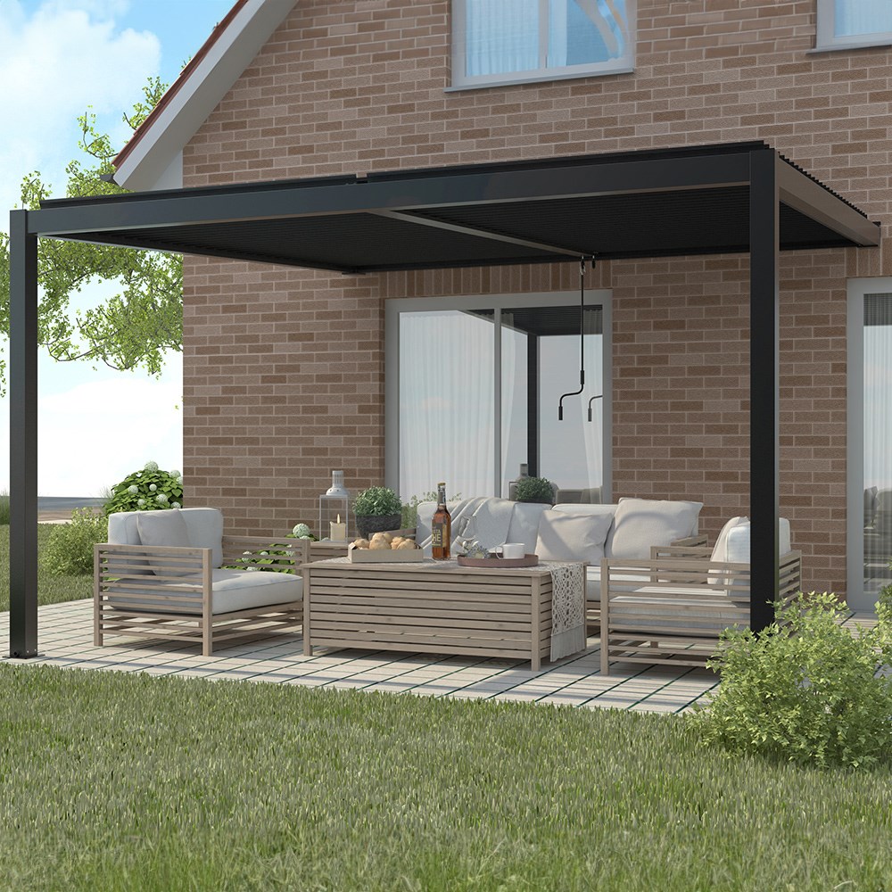 3m x 3m Deluxe Charcoal Wall Mounted Veranda with Louvered Shutter Roof