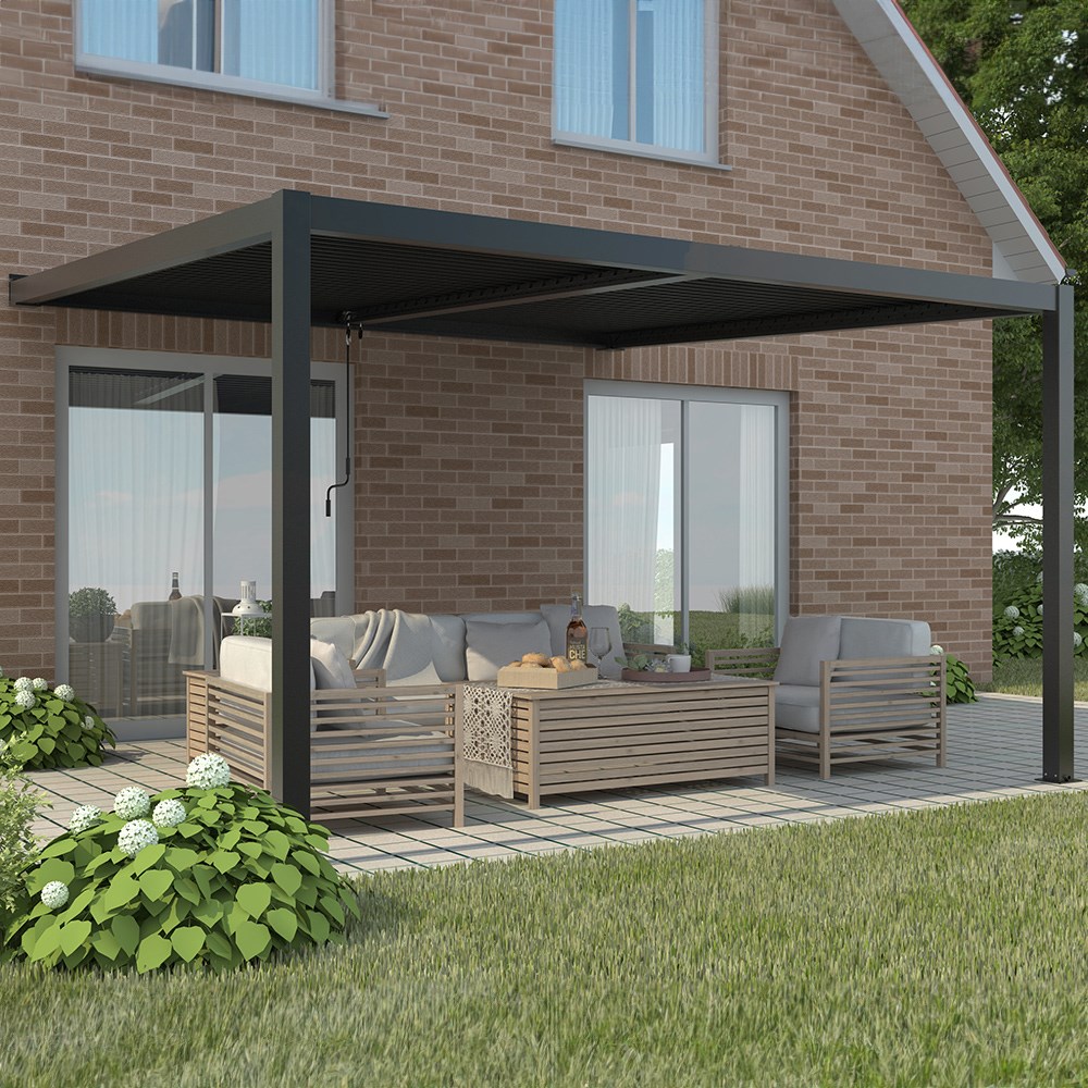 3m x 3m Deluxe Charcoal Wall Mounted Veranda with Louvered Shutter Roof