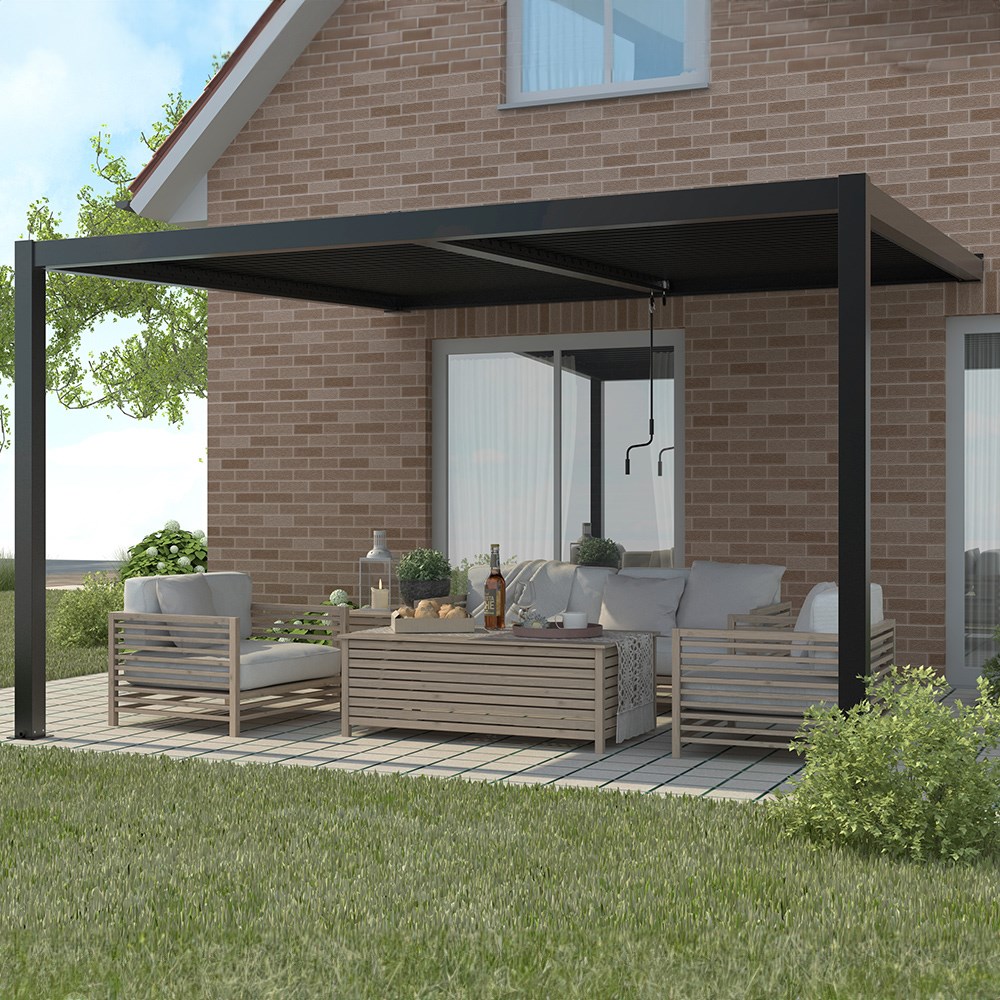 3m x 3m Deluxe Charcoal Wall Mounted Veranda with Louvered Shutter Roof