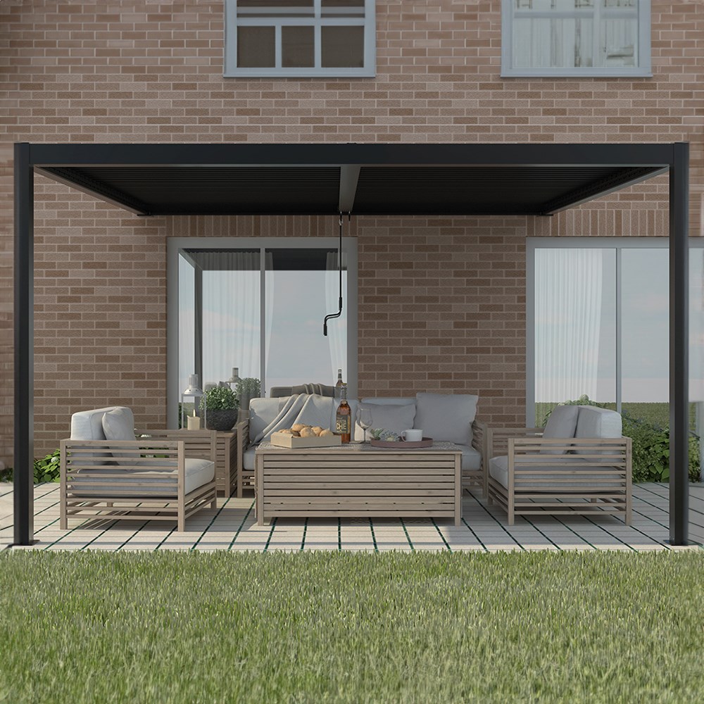 3m x 3m Deluxe Charcoal Wall Mounted Veranda with Louvered Shutter Roof