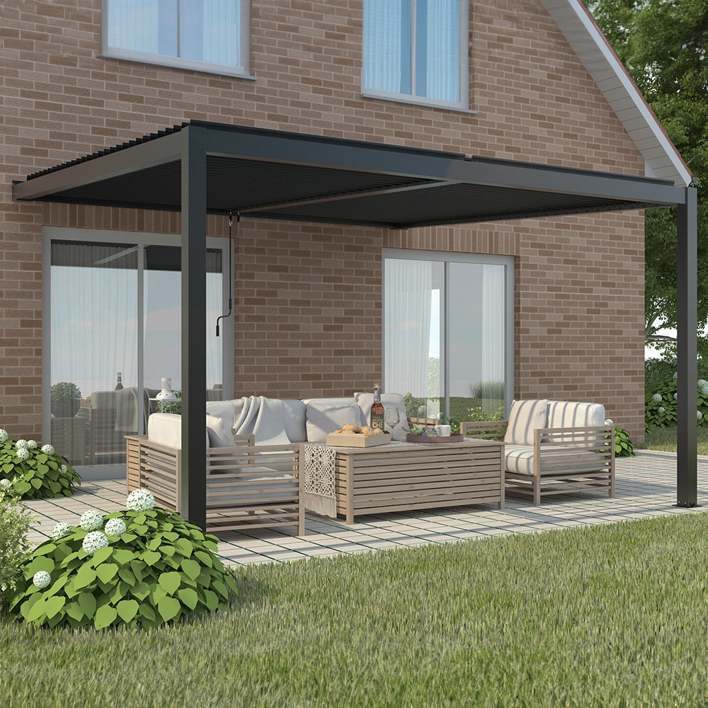 4m x 3m Deluxe Charcoal Wall Mounted Veranda with Louvered Shutter Roof