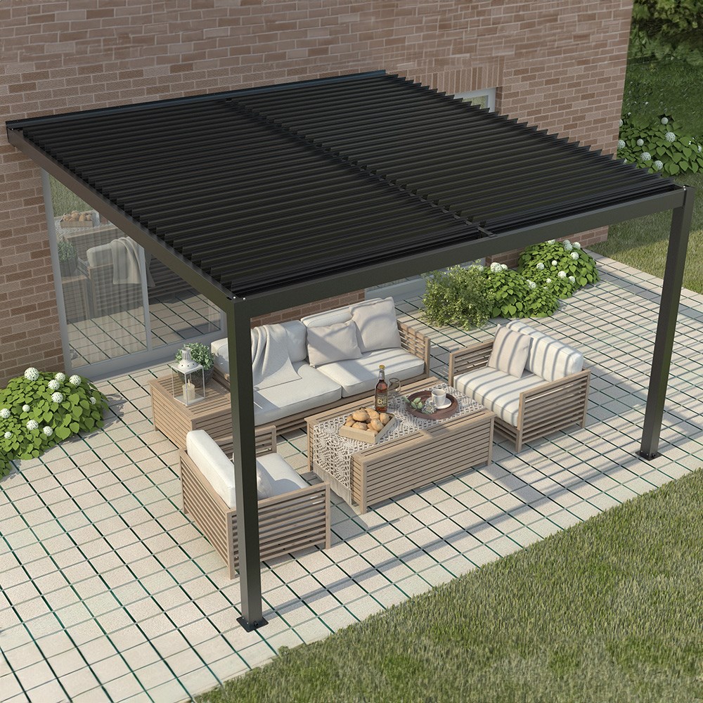 4m x 3m Deluxe Charcoal Wall Mounted Veranda with Louvered Shutter Roof