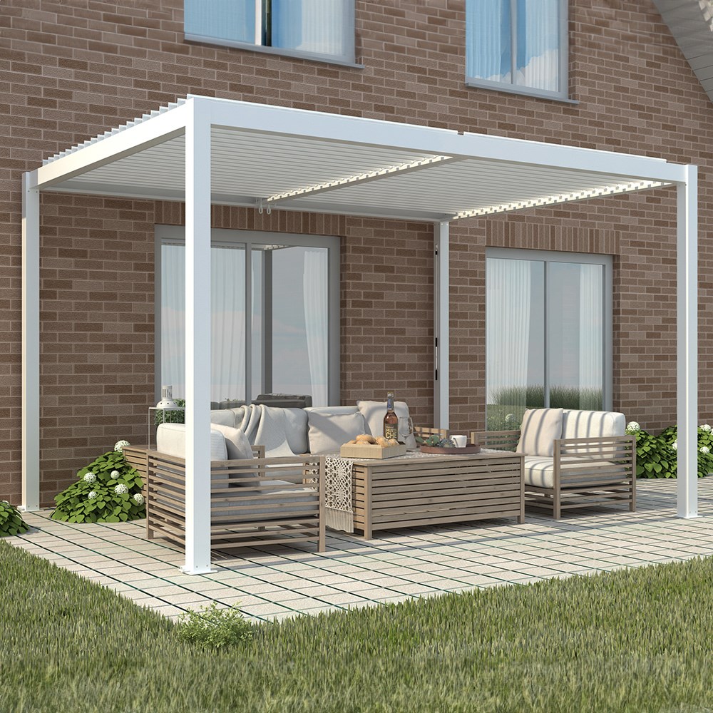 Deluxe White Pergola With Louvered Shutter Roof