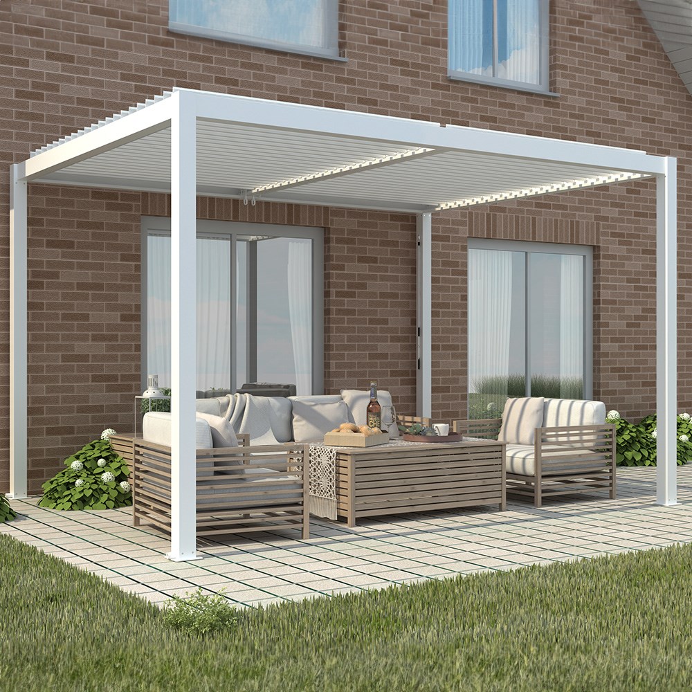Deluxe White Pergola With Louvered Shutter Roof