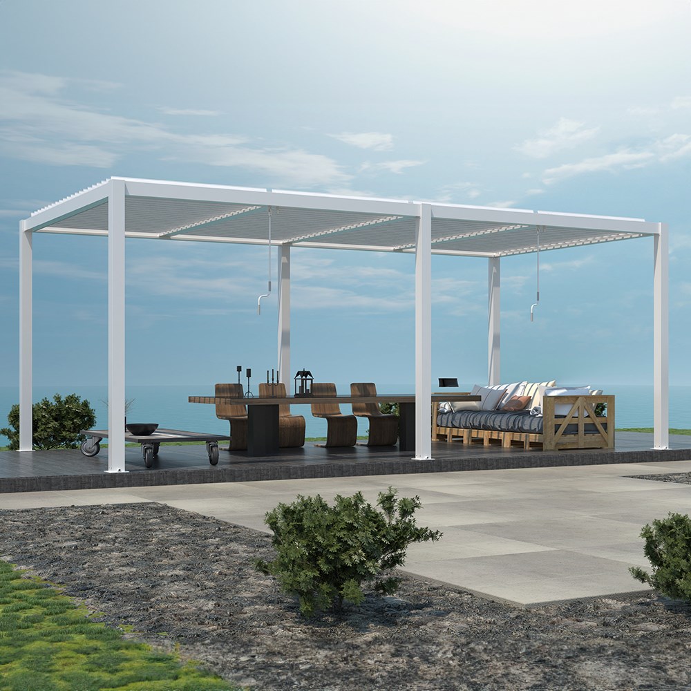 Deluxe White Pergola With Louvered Shutter Roof