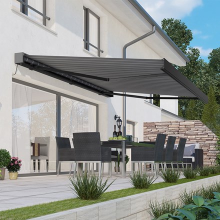2.5M DELUXE WIRELESS FULL CASSETTE ELECTRIC AWNING WITH LIGHTS (CHARCOAL CASSETTE) | PIN STRIPE GREY