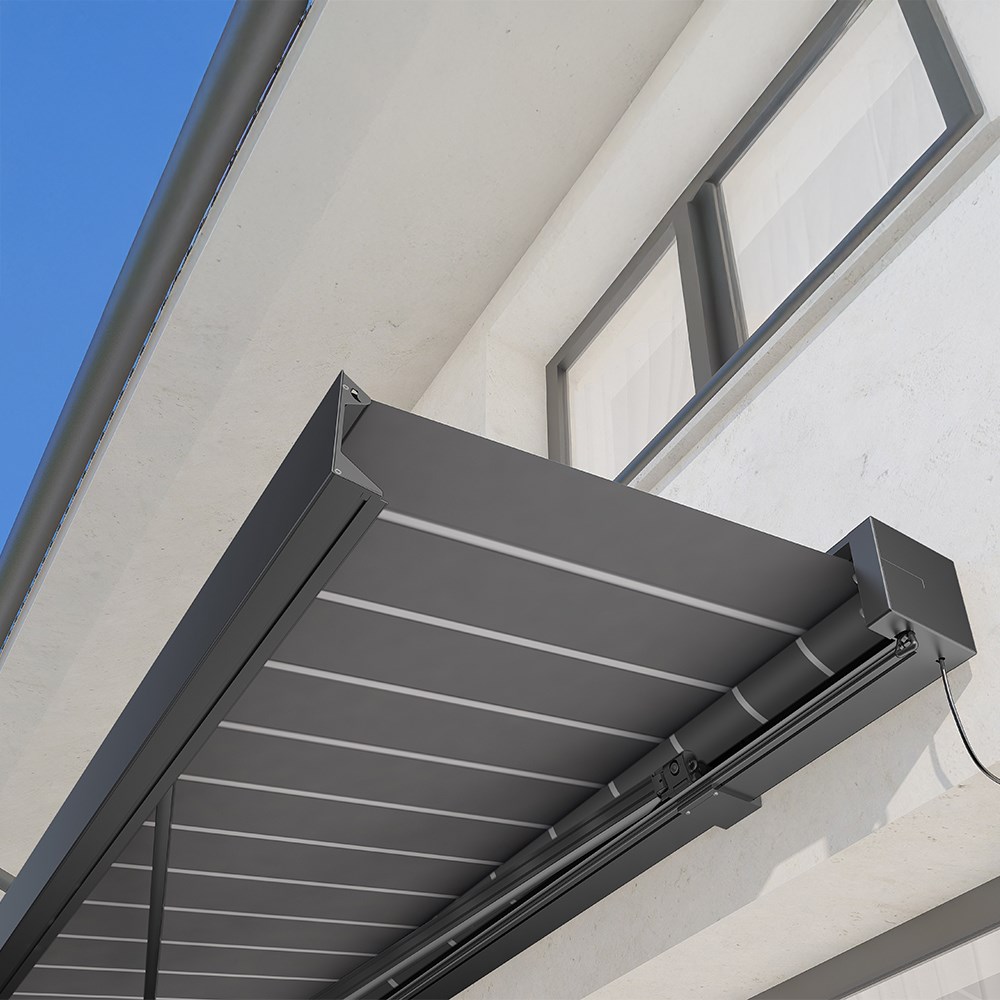 Deluxe Wireless Full Cassette Electric Awning With Lights | Pin Stripe Grey 