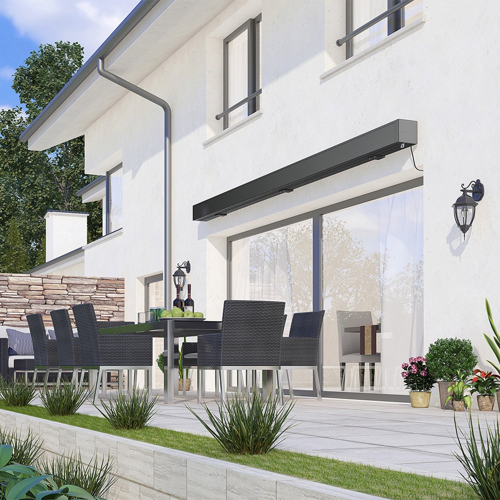 Deluxe Wireless Full Cassette Electric Awning With Lights | Pin Stripe Grey 