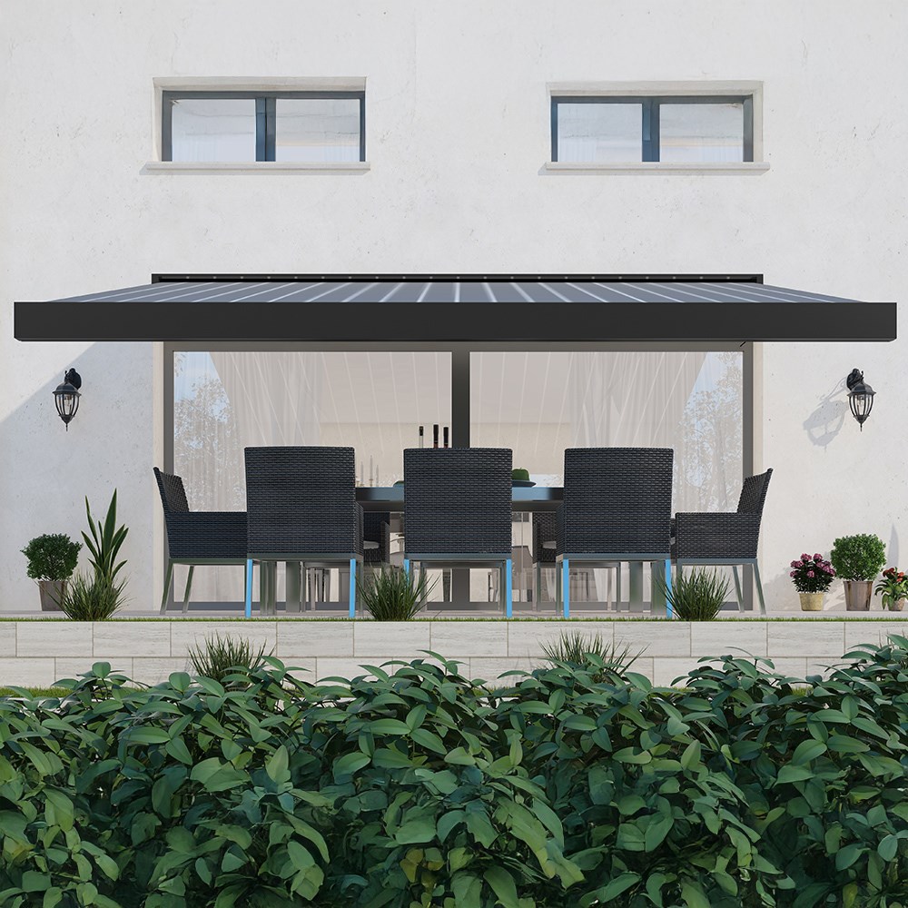 Deluxe Wireless Full Cassette Electric Awning With Lights | Pin Stripe Grey 