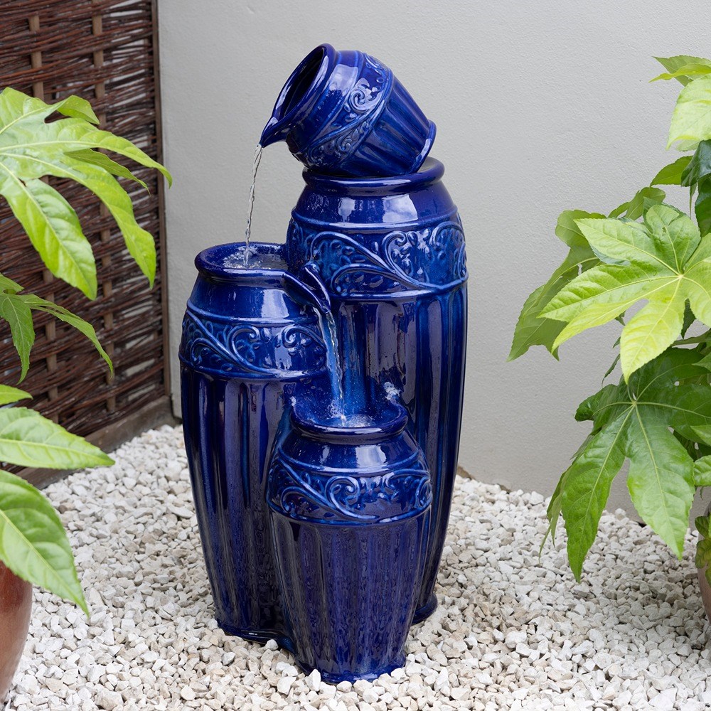 Aber Blue Ceramic Vase Cascade Water Feature With Led Lights