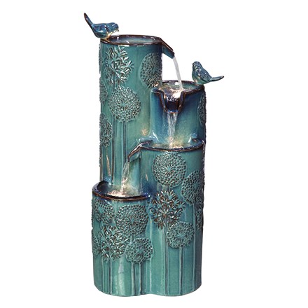 Ceramic outdoor fountain with LED light - 4 Aqua blue cascading bird planters
