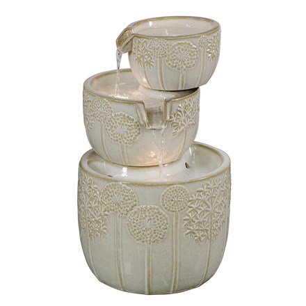 Ceramic outdoor fountain with LED light - 3 Cream cascading patterned bowls