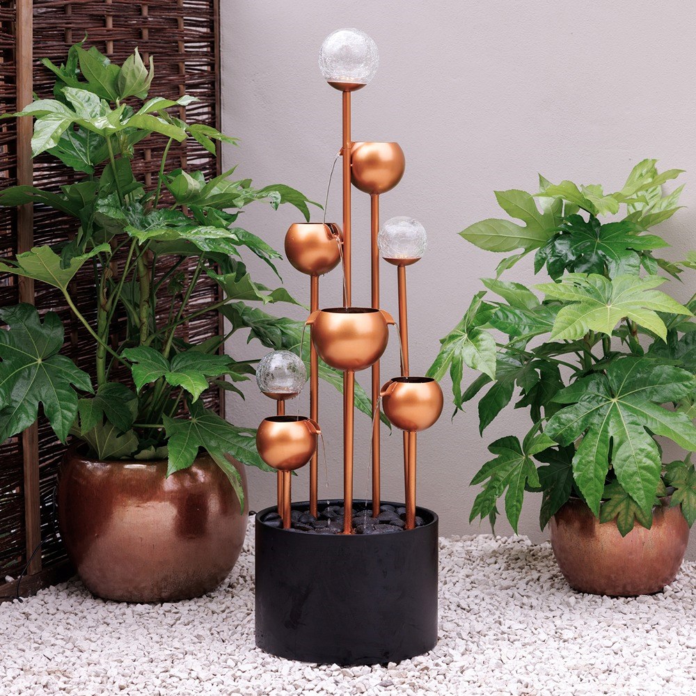 Golden Orb Cascading Tiered Water Feature With LED Lights
