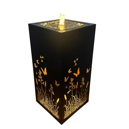 Tall hollow cube carved butterfly water feature with lights