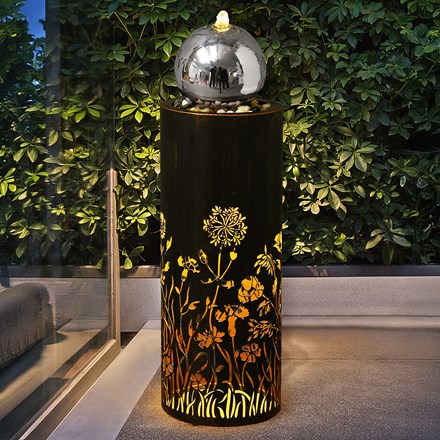Tall hollow pillar carved flowers water feature with SS ball and lights