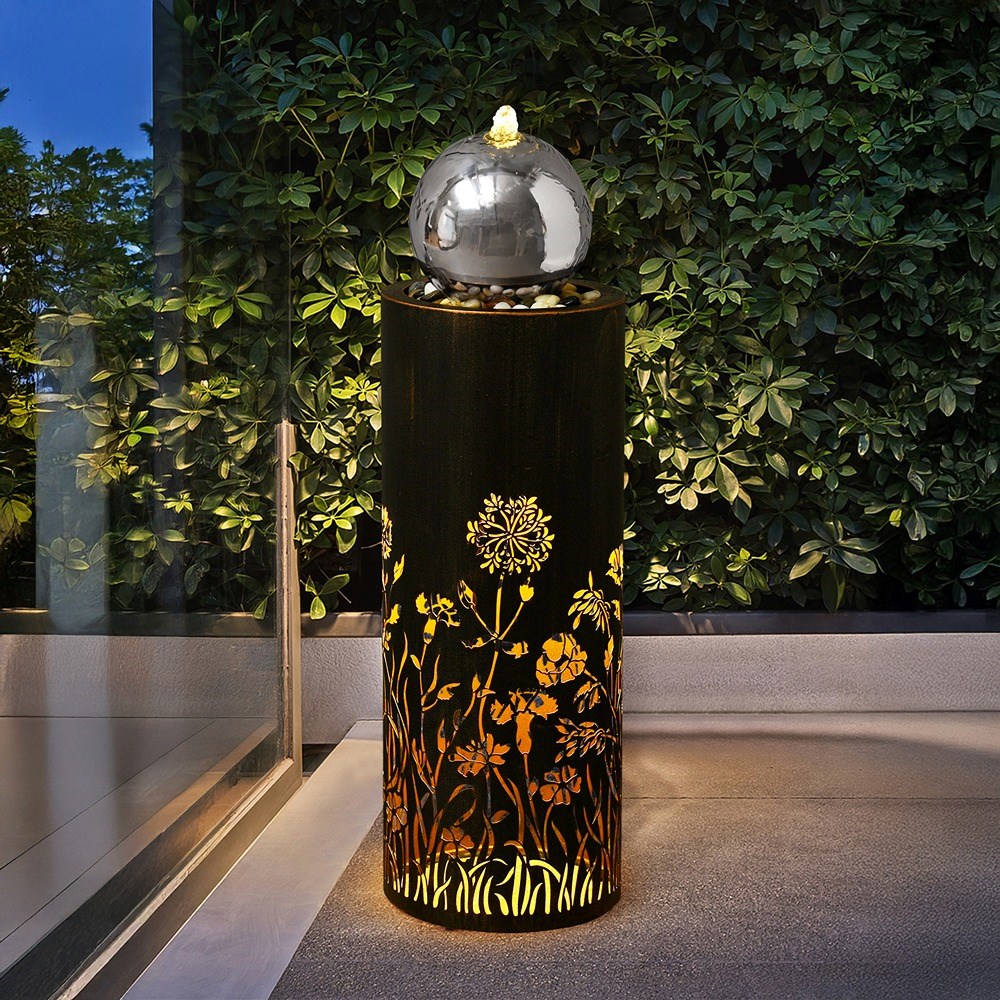 Wildflower Cut Out Sphere Water Feature With LED Lights