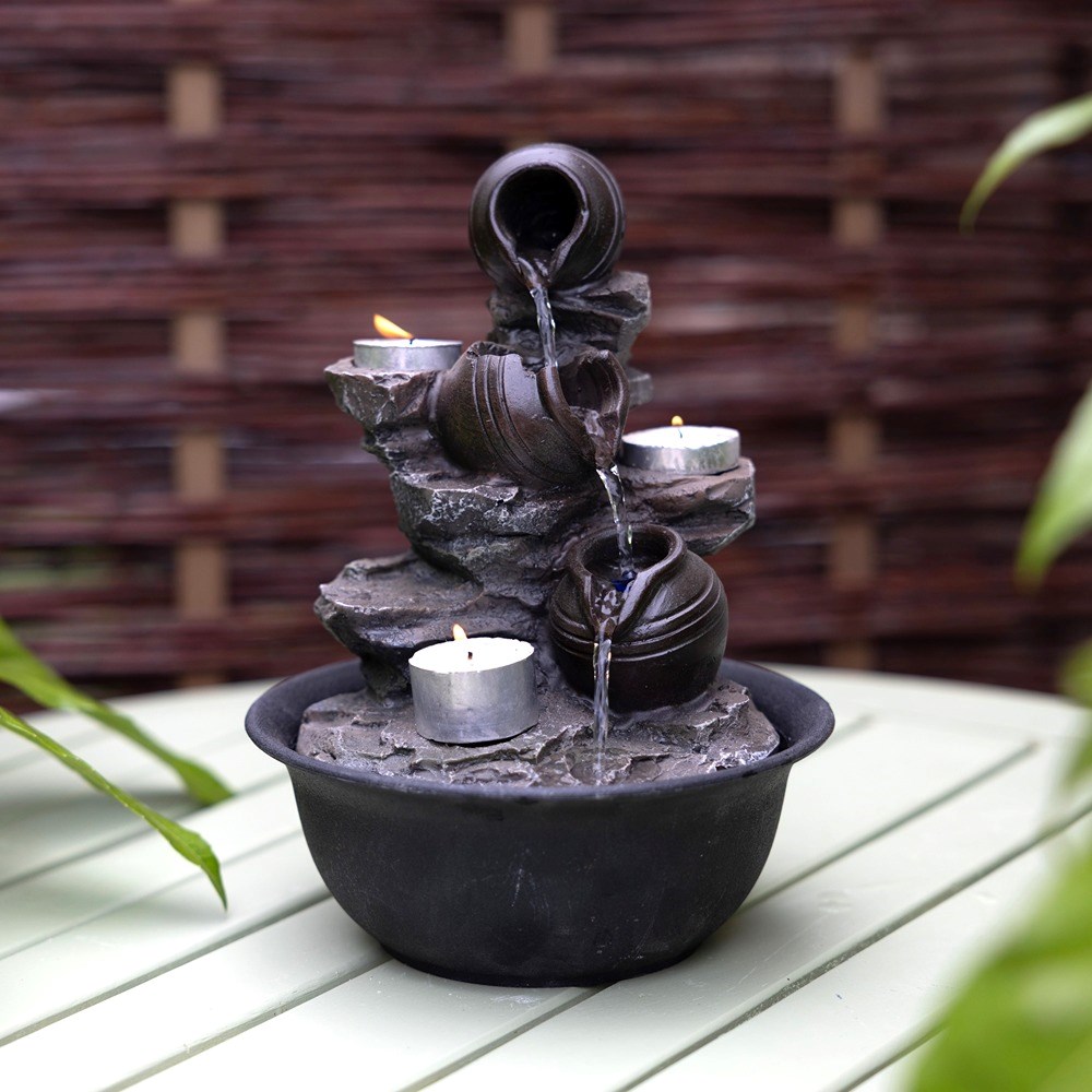 Cascading Pots Tabletop Water Feature With LED Lights