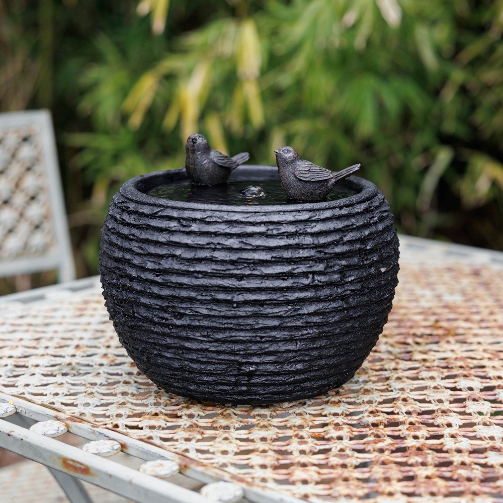 Bathing Birds Textured Sphere Solar Water Feature With LED Lights