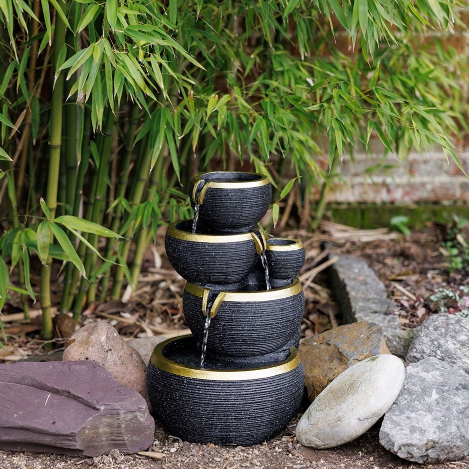 Gold Edge Stacked Bowls Solar 3-Tier Cascade Water Feature With LED Lights