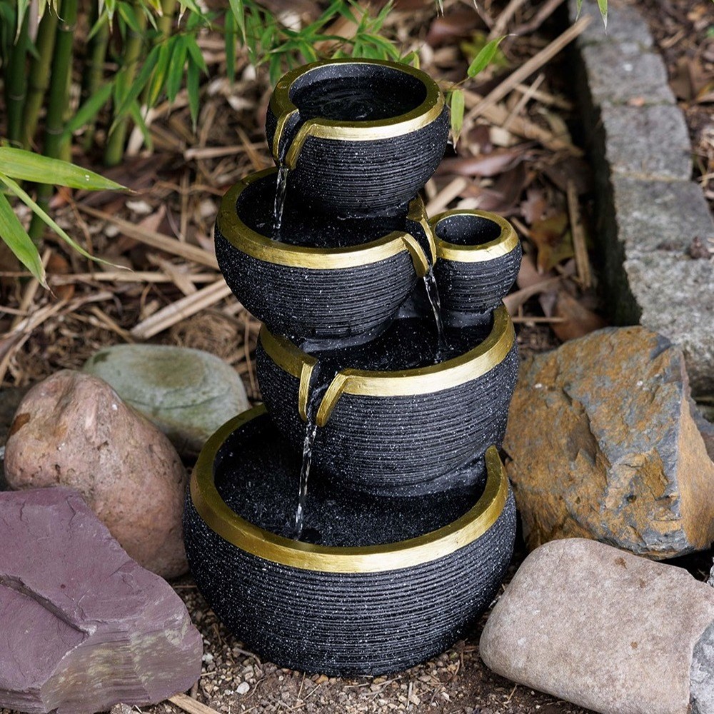 Gold Edge Stacked Bowls Solar 3-Tier Cascade Water Feature With LED Lights